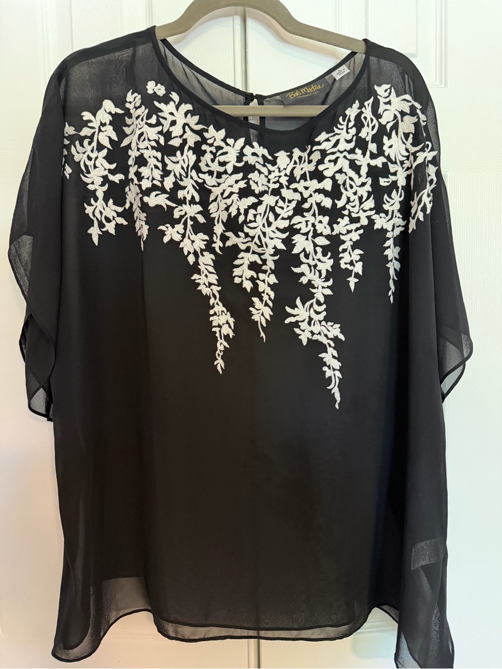 Bob Mackie Black Sheer Blouse with White Floral Embroidery